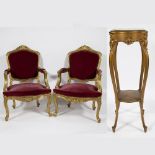 Pair of gilded Louis XV armchair with velvet and gilded pedestal with marble top