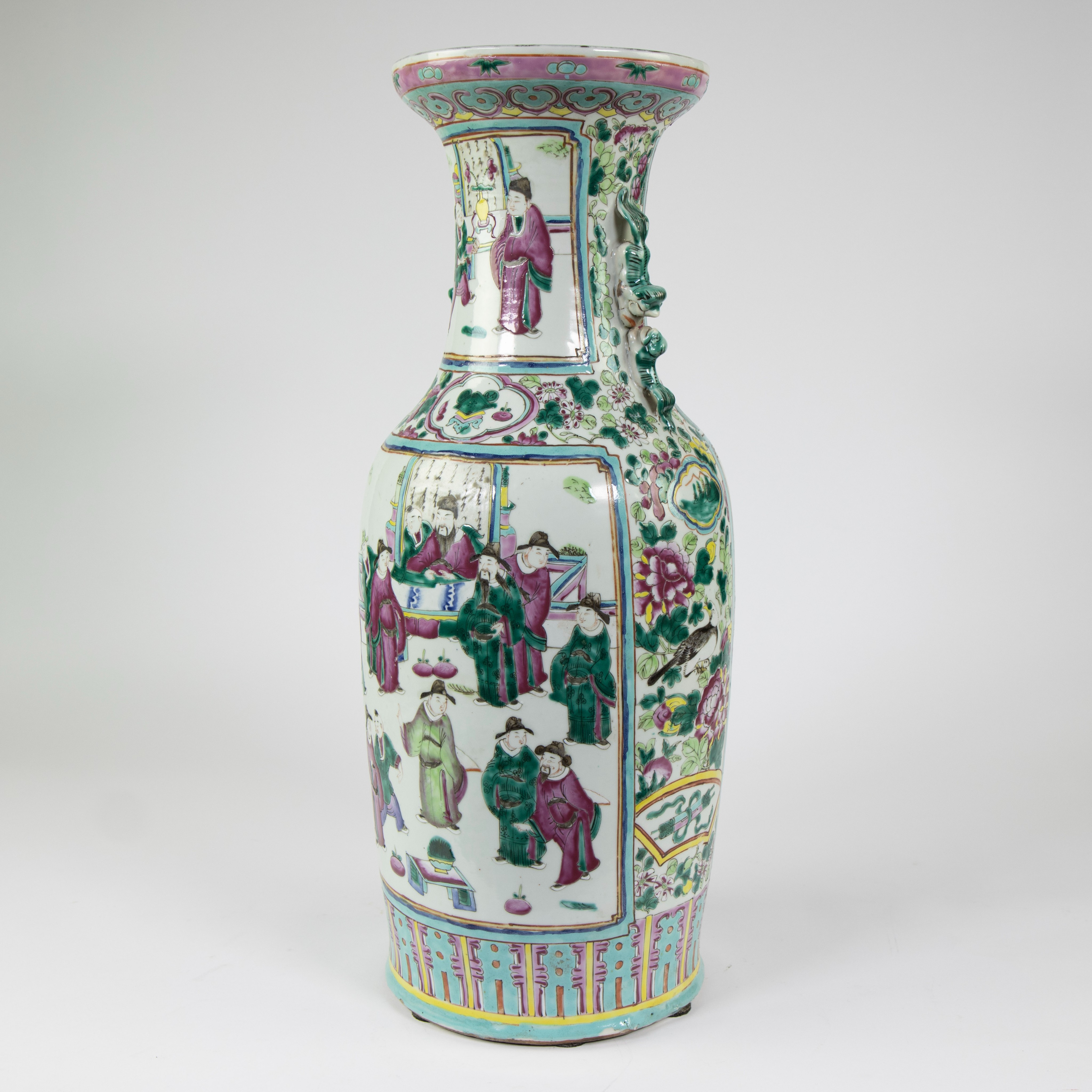 Large porcelain baluster vase, decorated in polychrome enamels with court scenes to two sides, sculp - Image 6 of 10