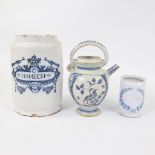 Collection of Delft pharmacy jar 18th century, ointment jar Brussels ca 1800 and pot faience 18th ce