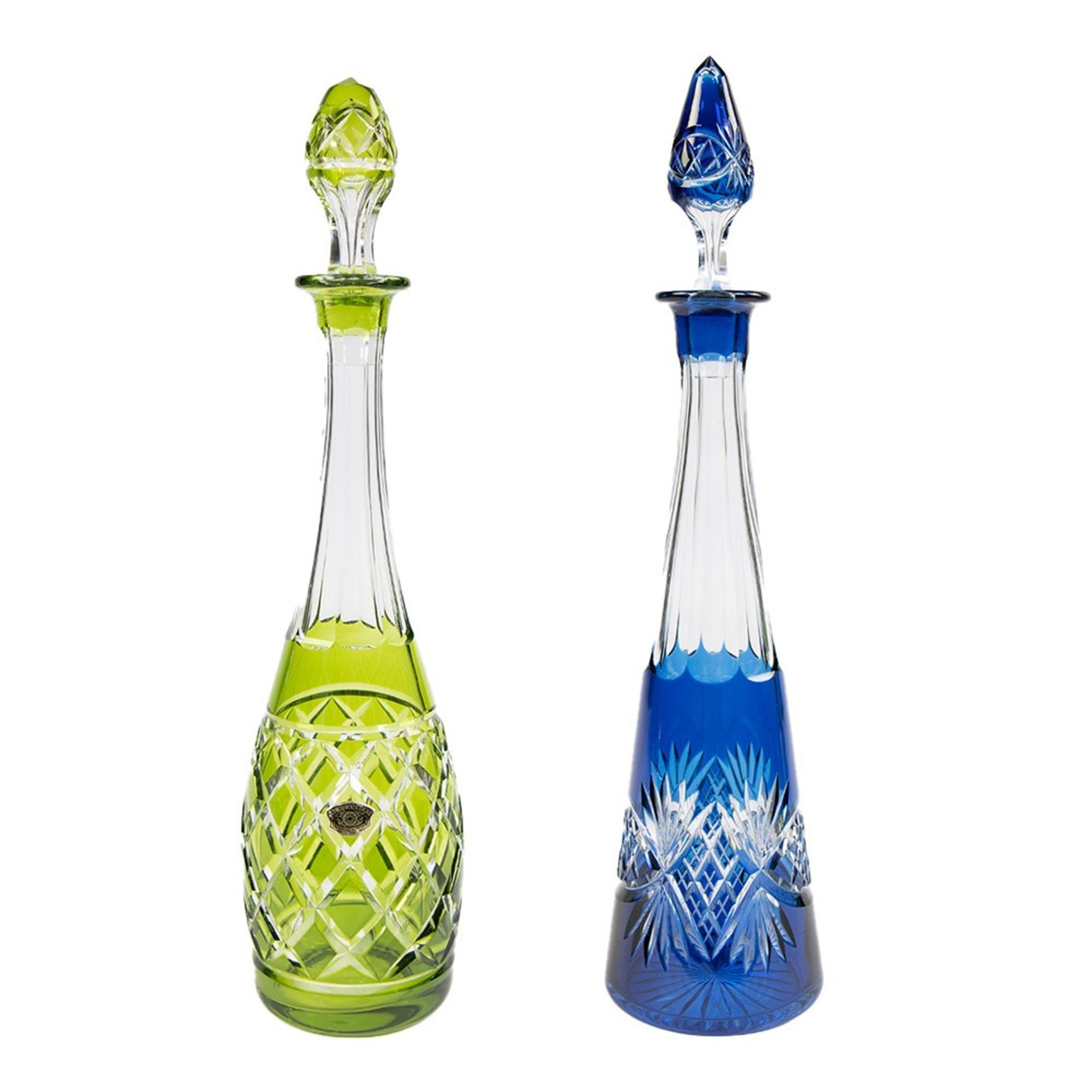 Val Saint Lambert green cut and blue cut crystal decanter