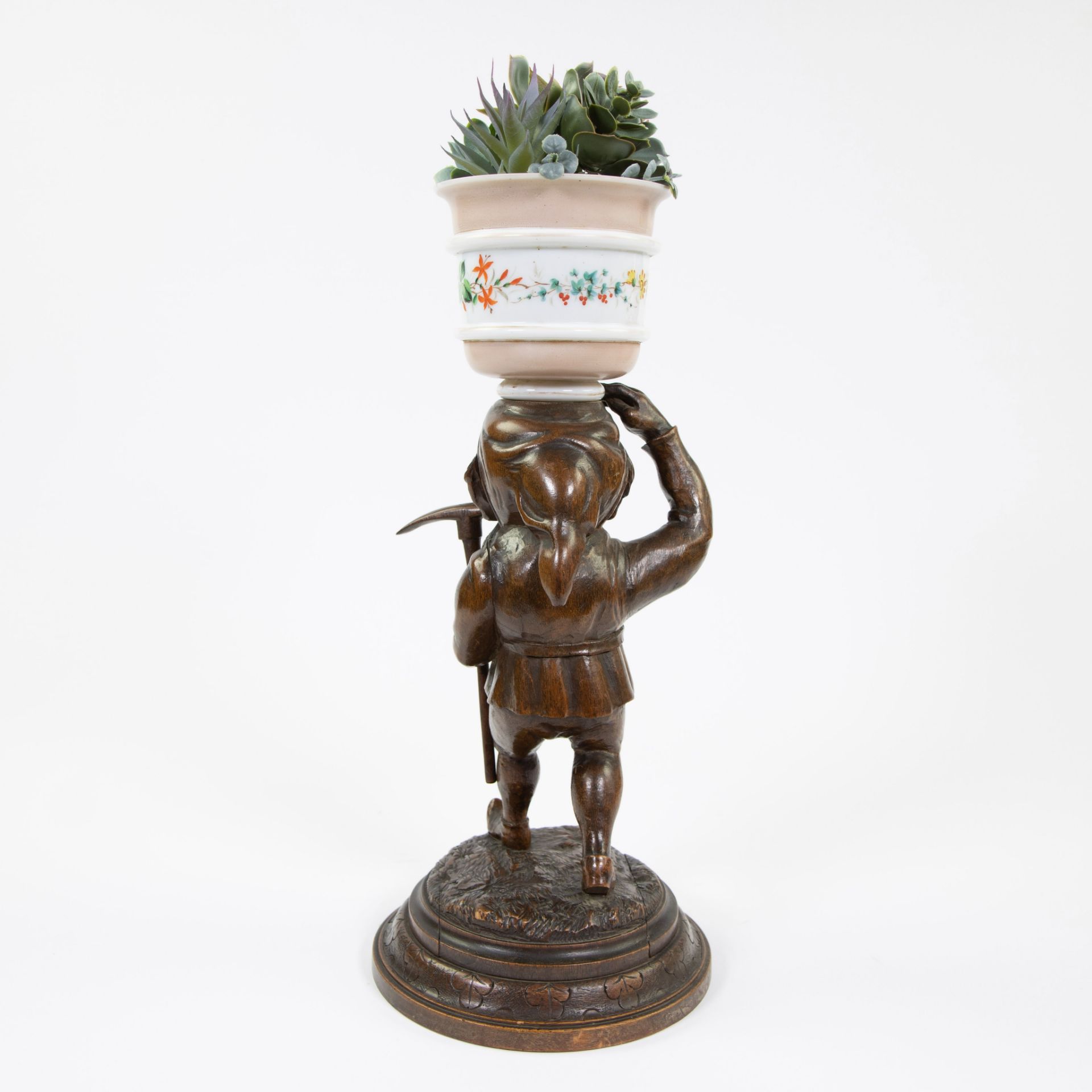 Wood carving plant stand in the shape of a gnome with pickaxe, Black Forest, circa 1930. - Image 3 of 4