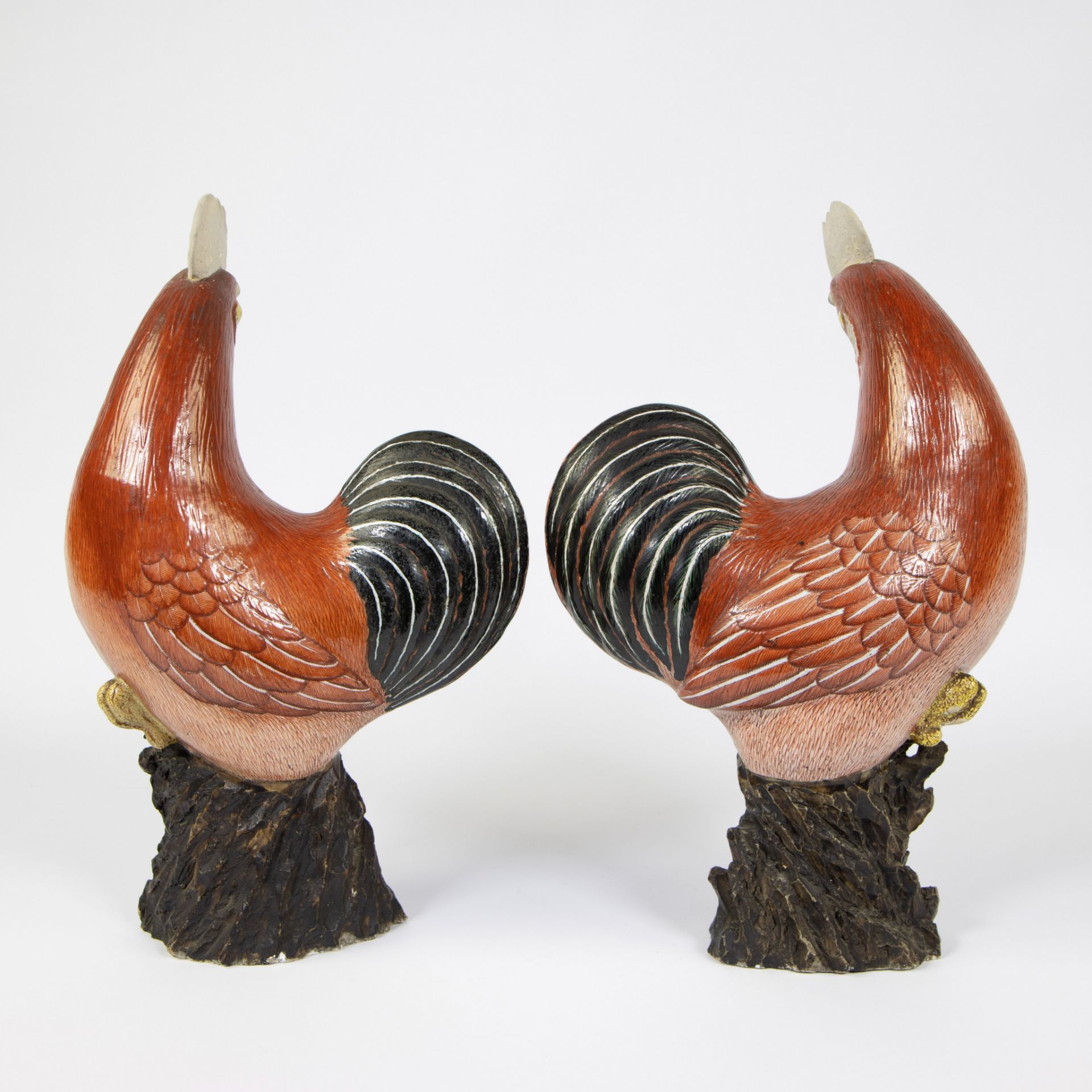 Pair of Chinese ceramic roosters, finely painted in reddish brown, 18th century Kangxi - Image 3 of 5