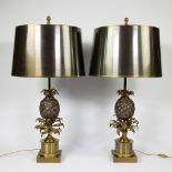 Maison Charles, two large bronze and brass "Pineapple" table lamp with bronze and brass shade. Signe