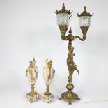 Large decorative lampadaire with 3 light points and 2 marble cassolettes.