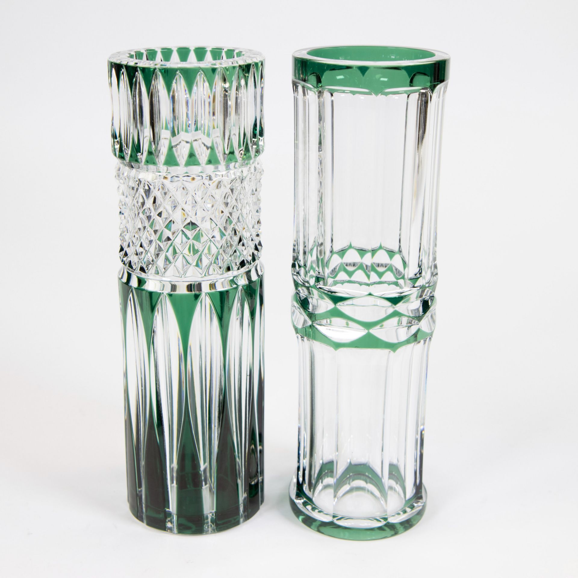 Val Saint Lambert 2 conical green cut crystal vases - Image 3 of 4