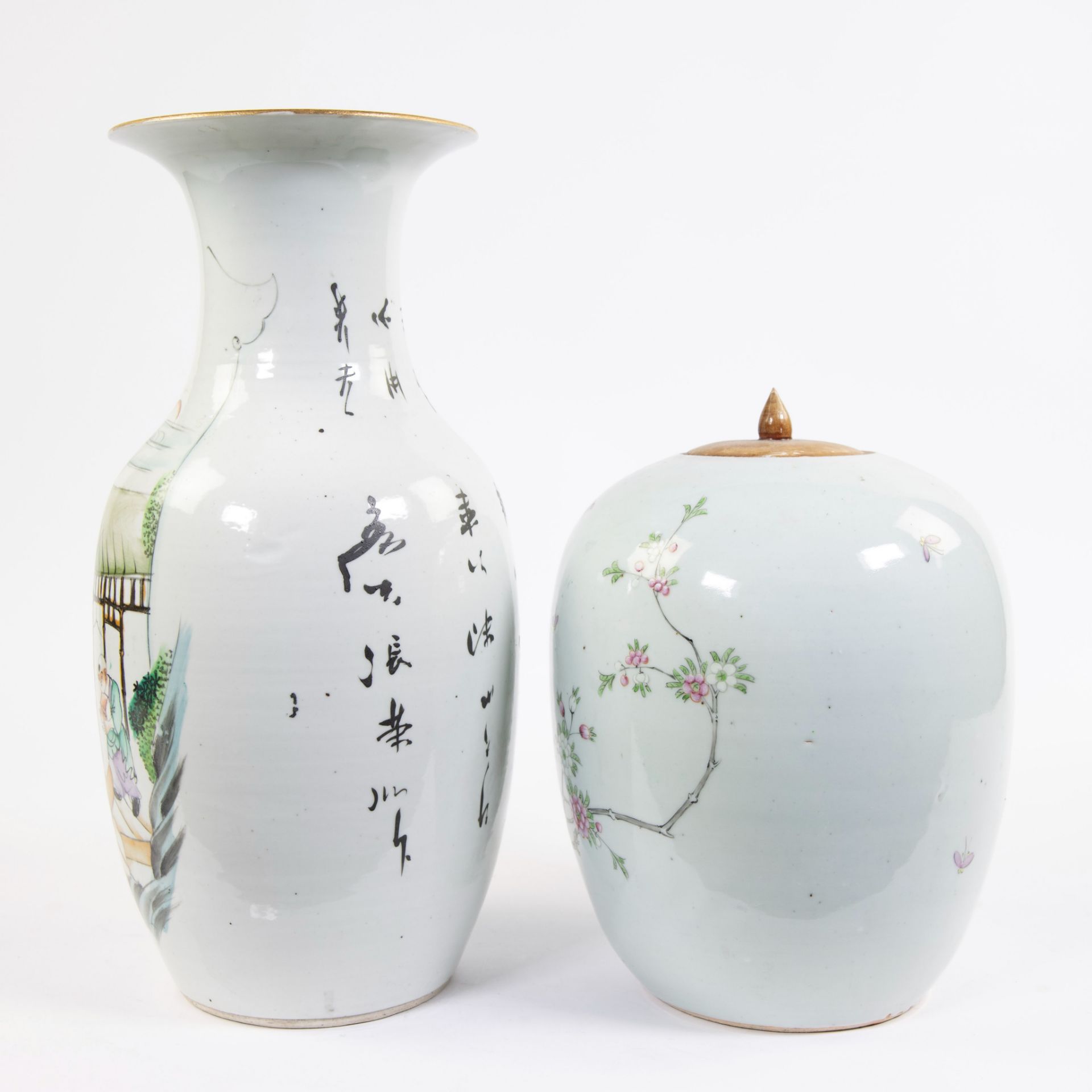 A porcelain ginger jar and a baluster vase, the latter depicting a rural scene. China, republic peri - Image 2 of 7