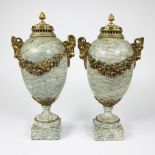 Pair of green veined marble cassolettes with bronze fittings.