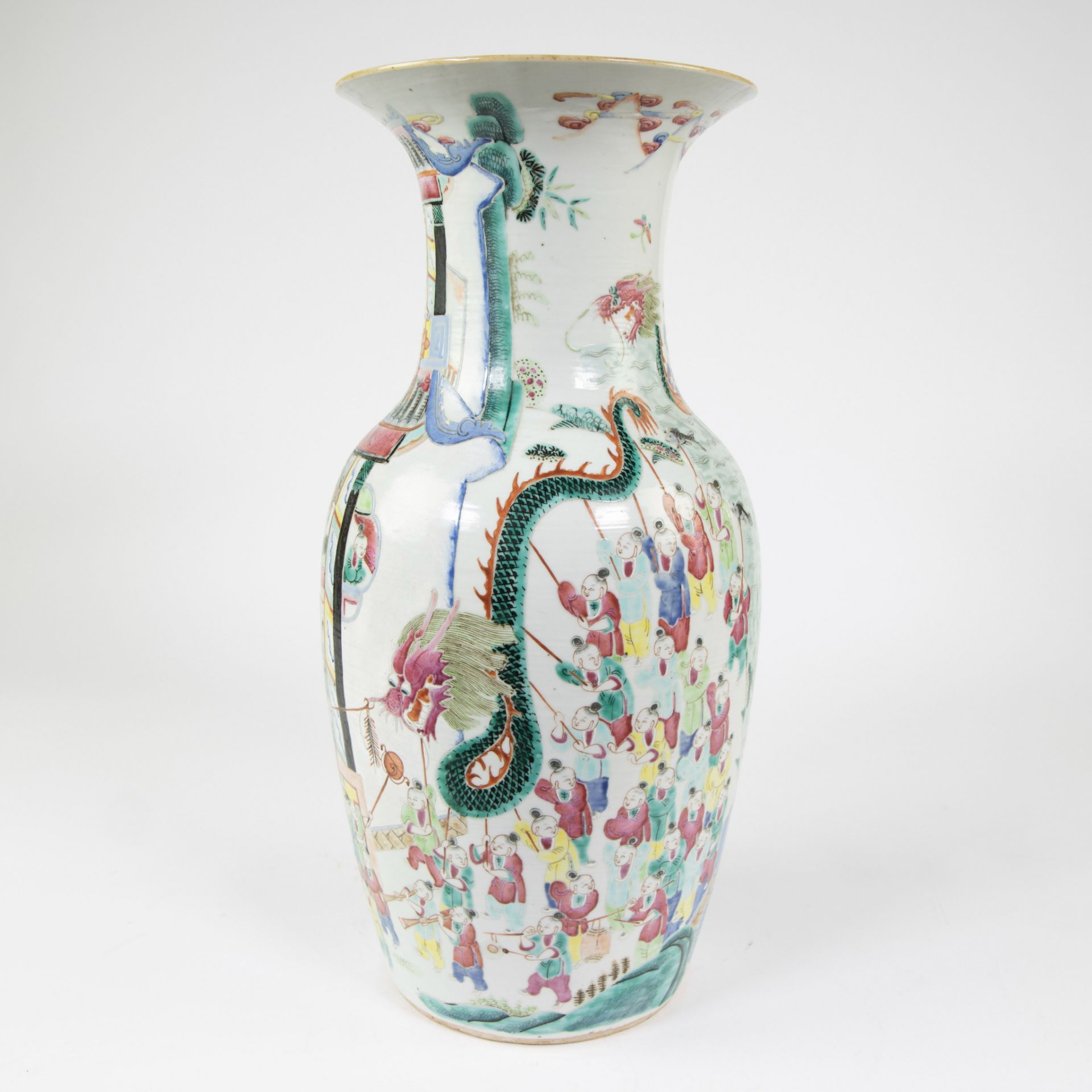 Chinese procelain baluster shaped vase decorated in famille rose enamels with 100 lucky boys theme. - Image 4 of 11