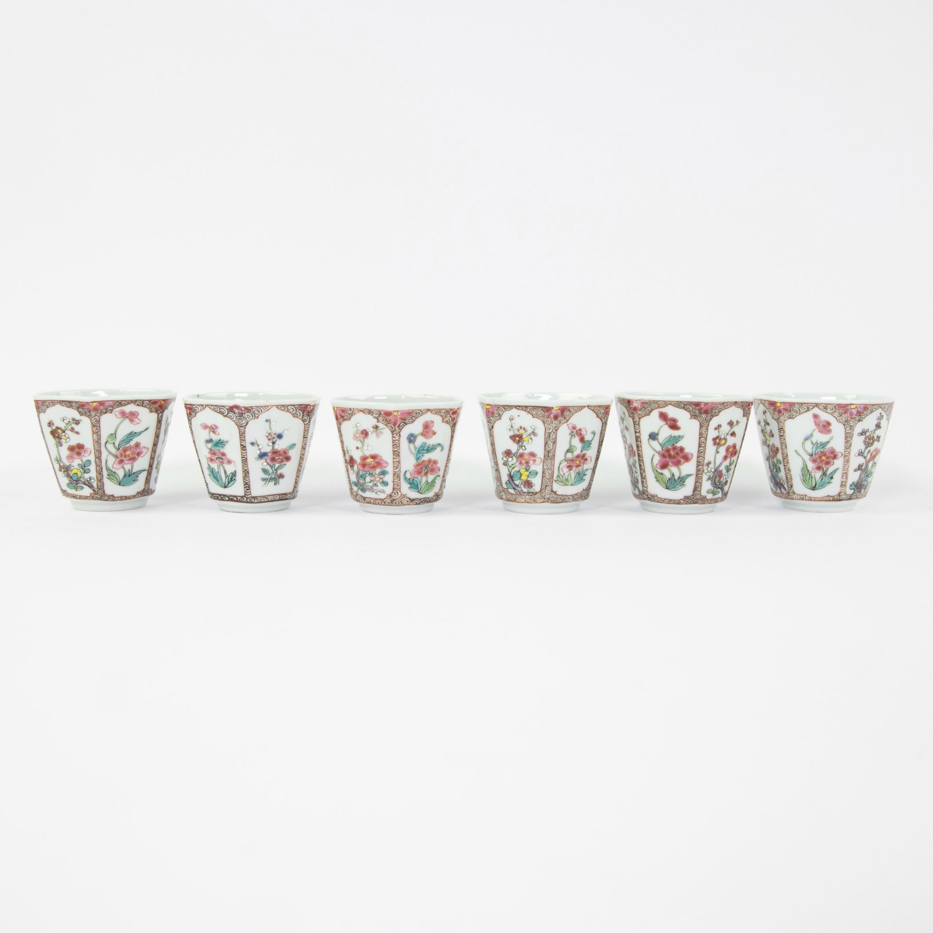 Set of six famille rose cups with their saucers and covers, decorated with flowers and blossom withi - Image 7 of 11