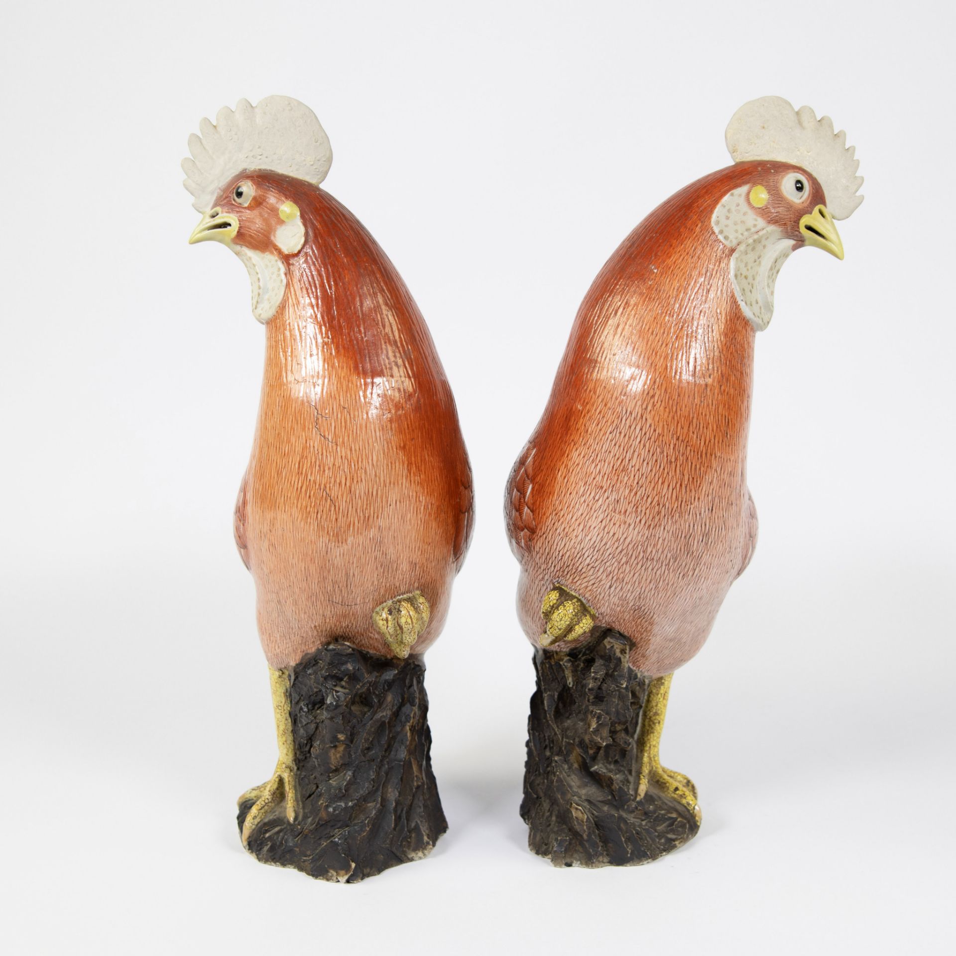 Pair of Chinese ceramic roosters, finely painted in reddish brown, 18th century Kangxi - Image 2 of 5