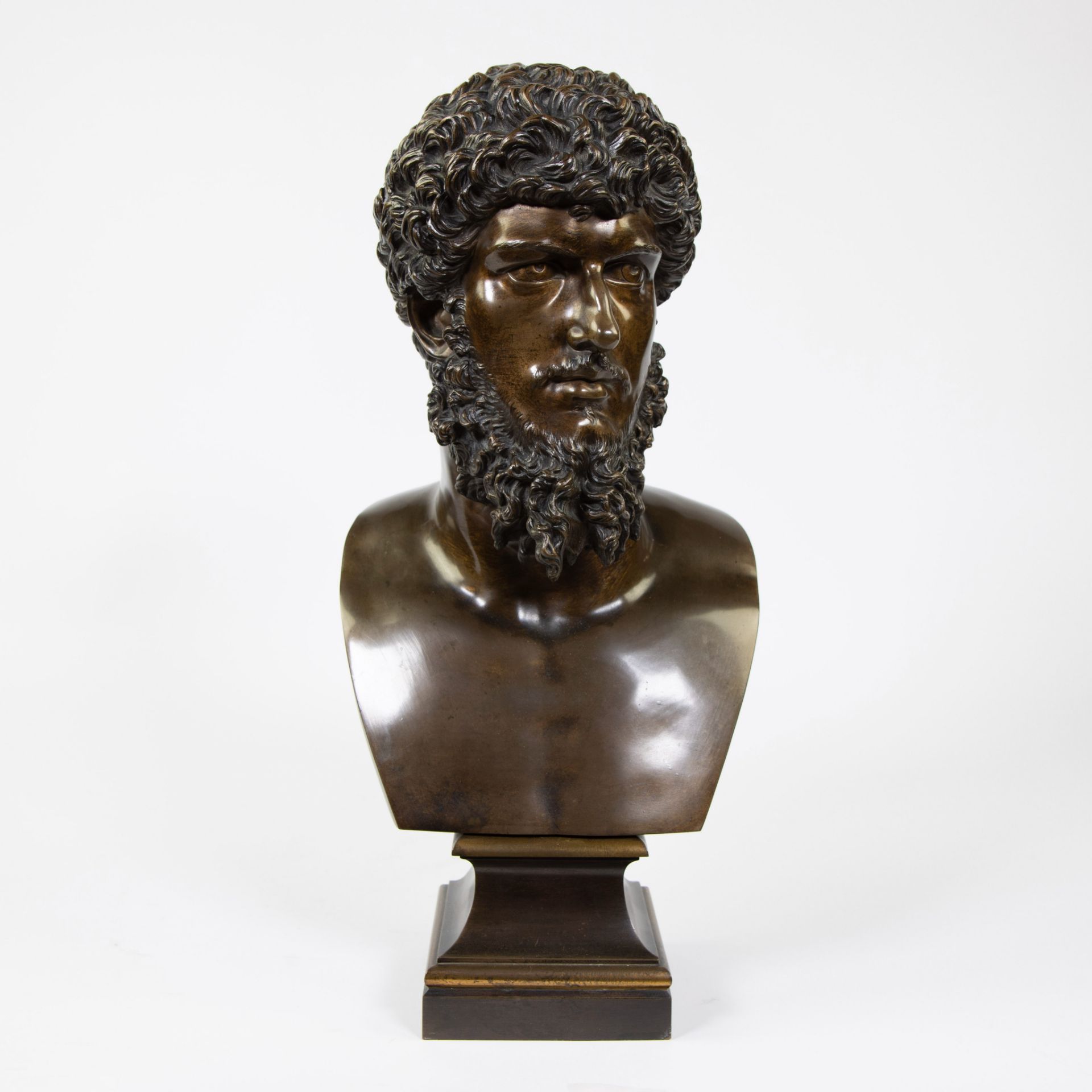 Bronze Greek male head marked 'Sociètes des Bronzes' and 'Reduction Sauvage'