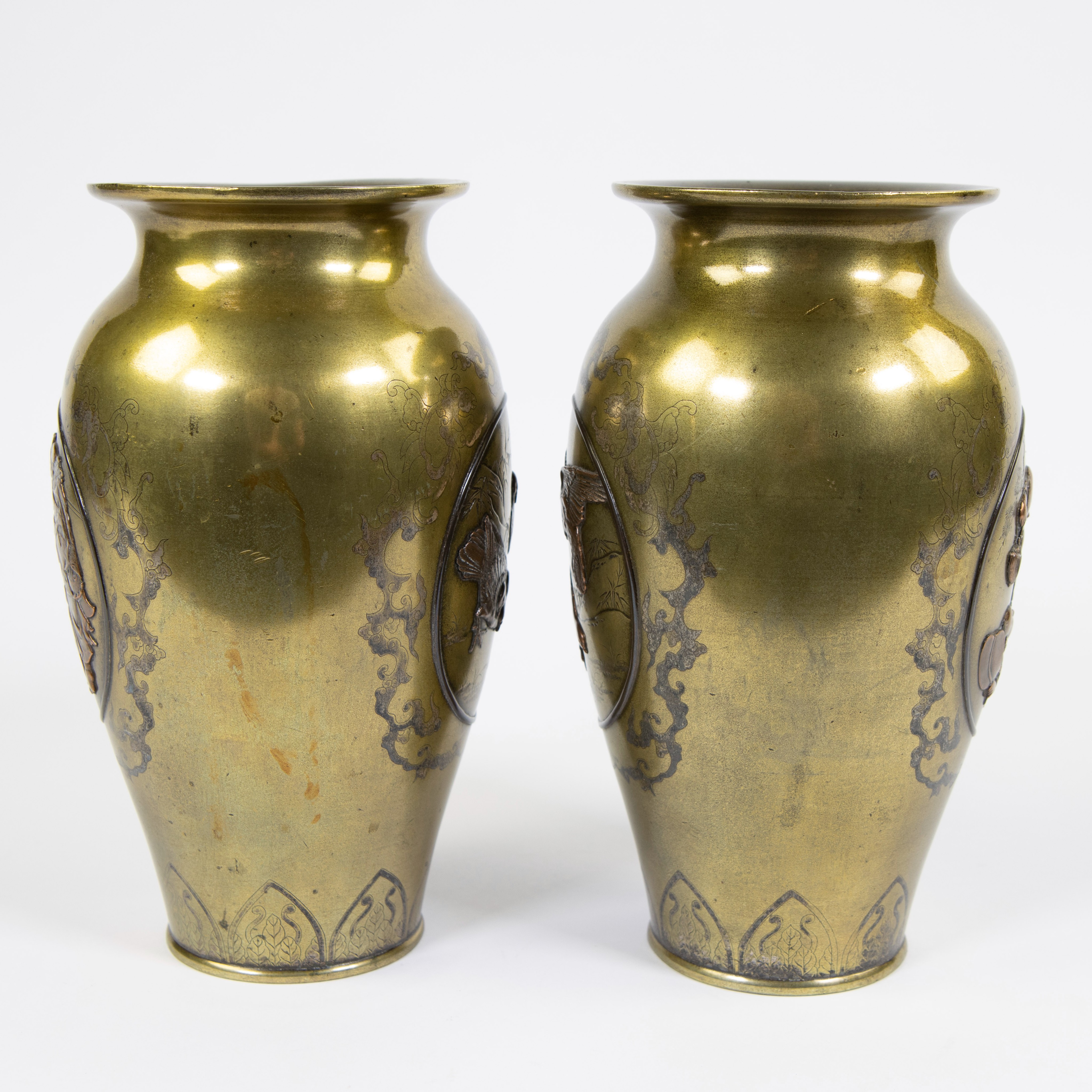 Pair of Japanese brass vases with copper decoration, ca 1900 - Image 2 of 5