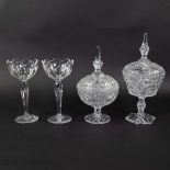 Lot Bohemian crystal, 2 lid coupes finely engraved and 2 coupes