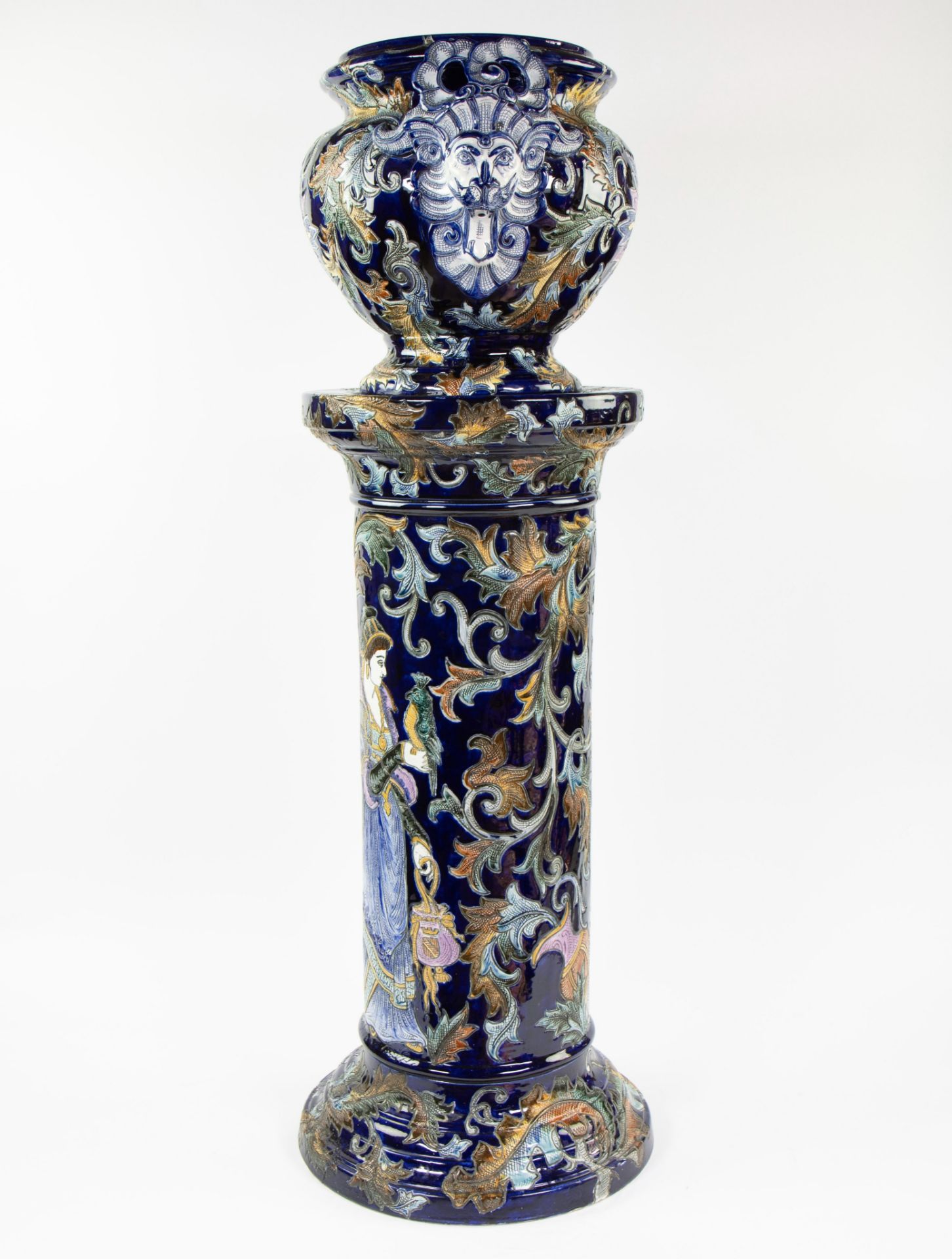 Beautiful two-piece glazed ceramic plant stand decorated with satyrs and floral motifs, circa 1900. - Image 5 of 6