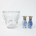 Daum champagne bucket and 2 Delft vases with silver mounts (marked w.g.)