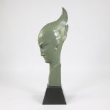 Art Deco green lacquered bronze Head of a girl on black marble base