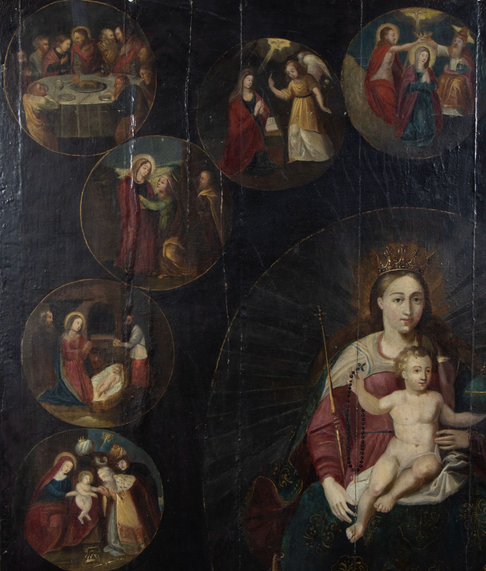 17th century oil on panel Madonna and Child surrounded by medallions with religious scenes - Image 3 of 7
