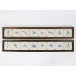 Collection of blue Delft tiles with figures and animals, framed