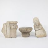 Lot sandstone column and capitals and Romanesque statue