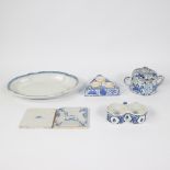 Collection of various faience, Moustier oval dish 18th, 2 Delft tile 17th, Spanish salt and spice ve