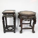 Collection of 2 pedestal stands of sculpted hardwood and marble top.