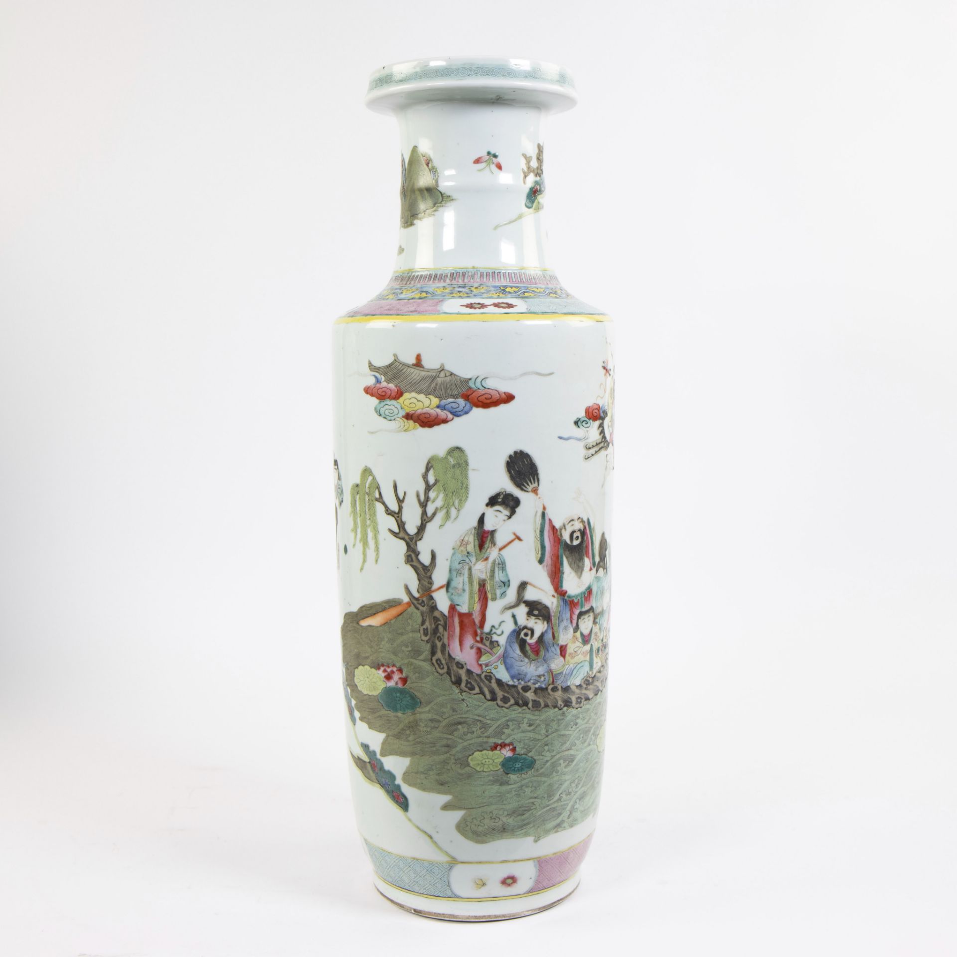 Tall porcelain Chinese rouleau vase, finely painted in polychrome enamels to depict immortals on a l - Image 3 of 6