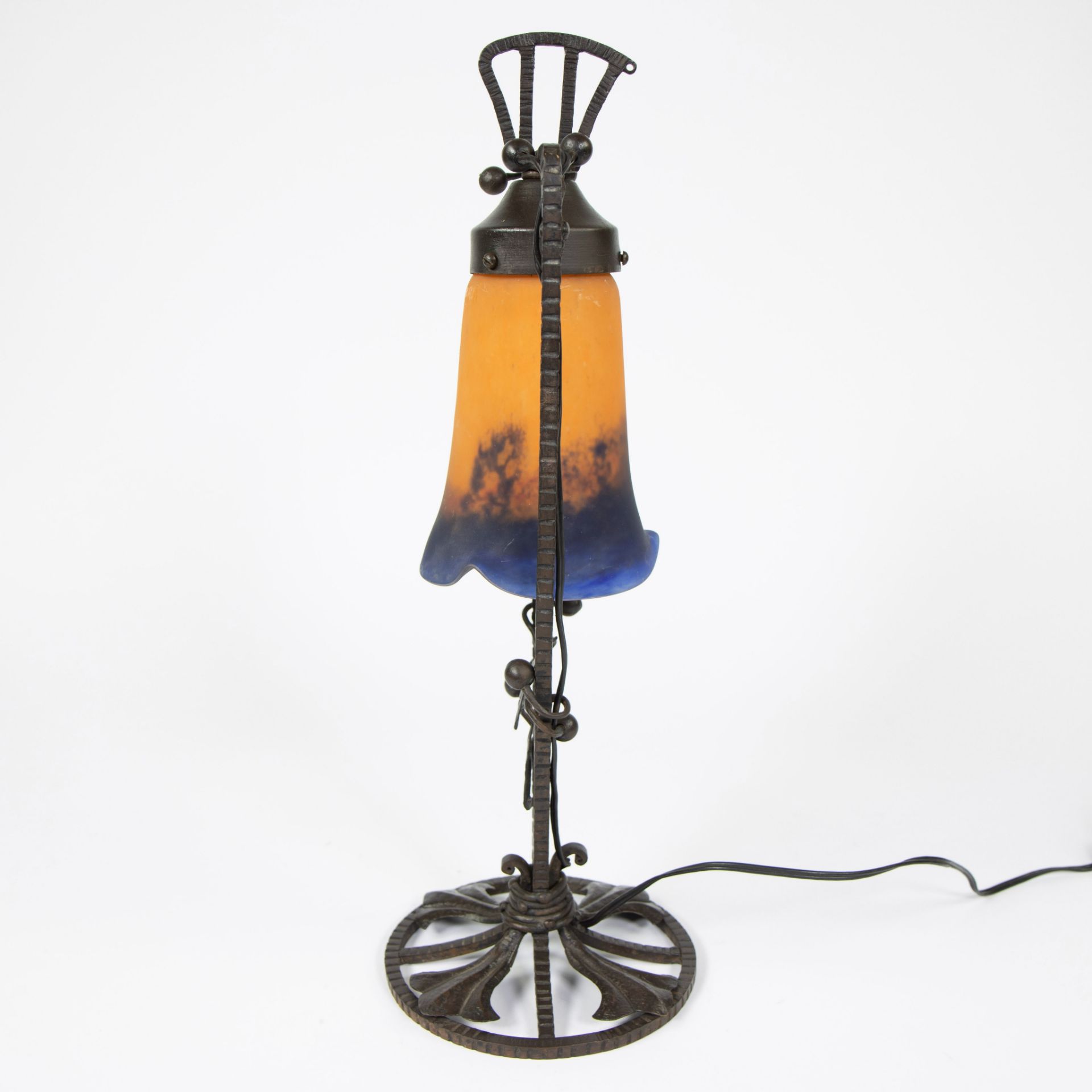 Noverdy table lamp France, wrought iron and glass shade with melted colour powders, signed. - Image 3 of 5