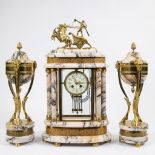 French marble clock garniture decorated with fire-gilt effigy of a Roman chariot with 2 cassolettes.