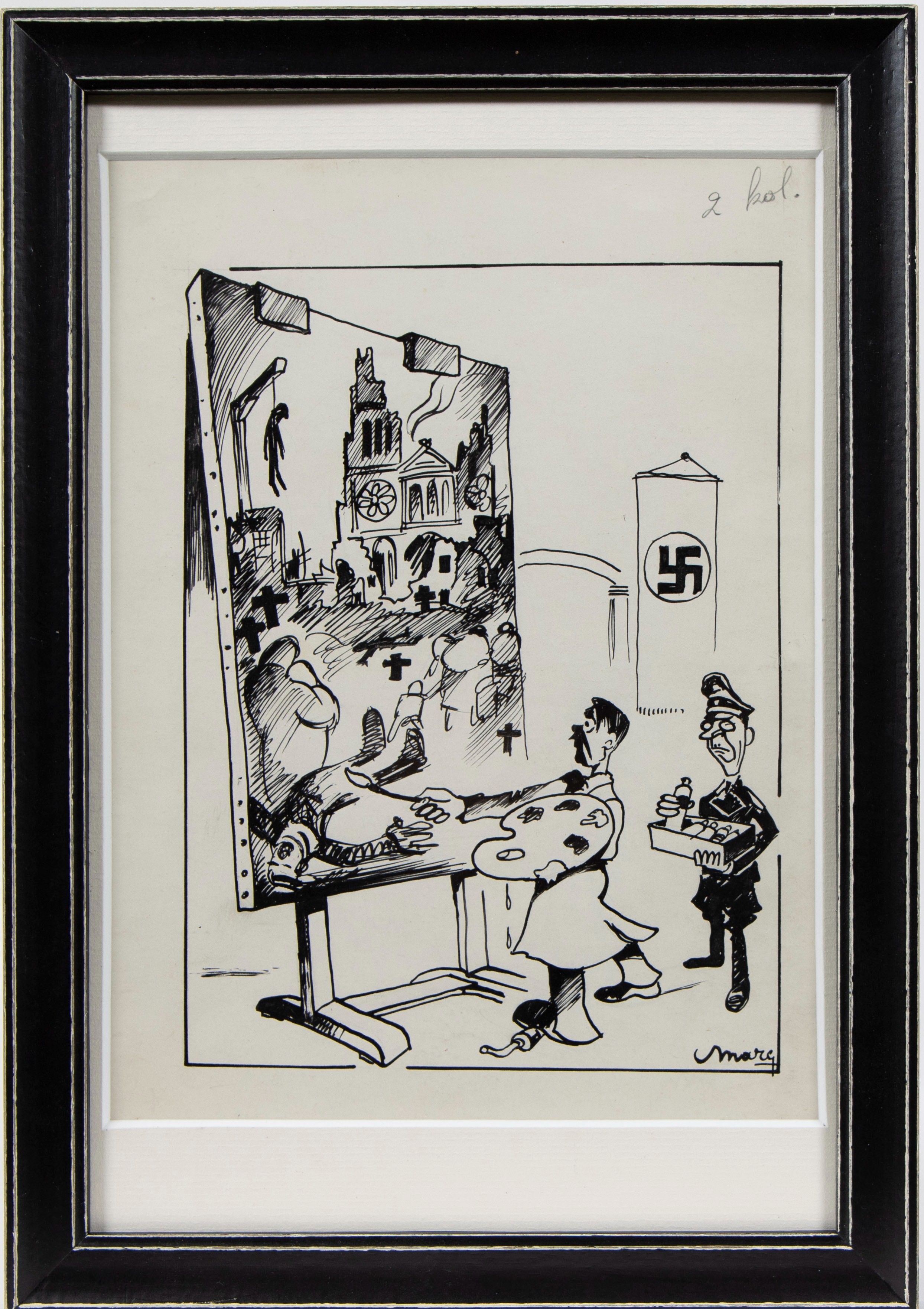 Marc Sleen, early drawing of Hitler as an amateur painter, 1944, signed - Image 2 of 3