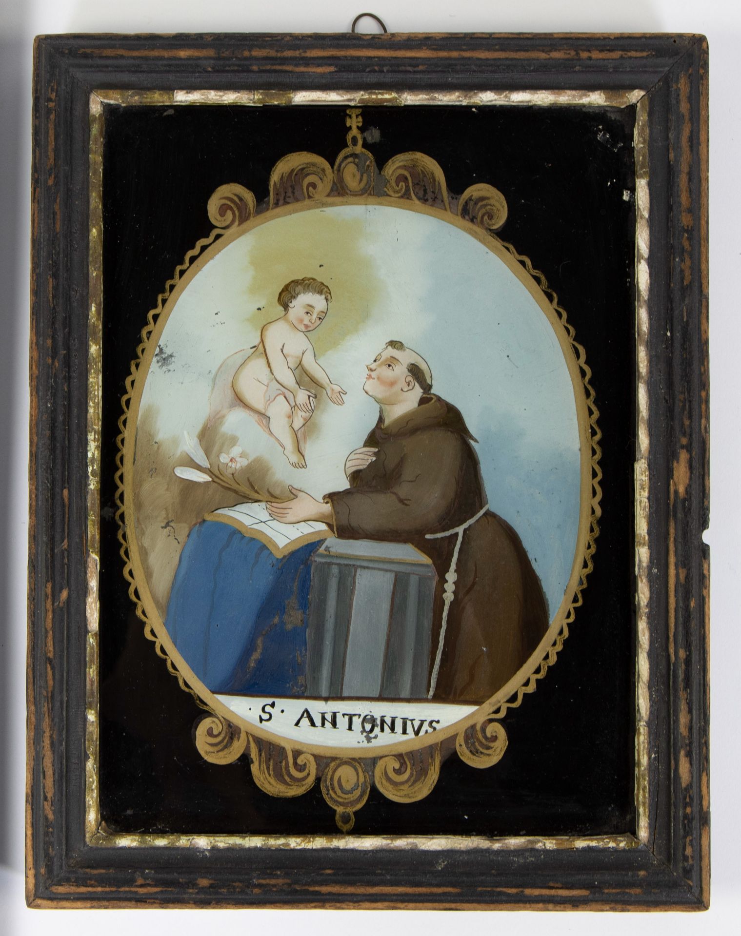 Eglomisé 18th century Saint Anthony and Christ ca 1800 - Image 3 of 3