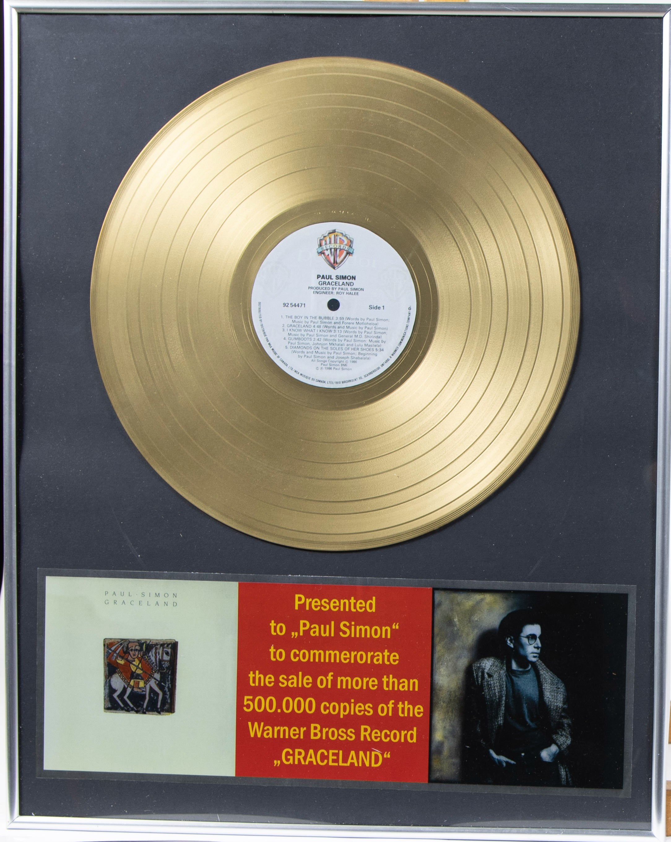 Paul Simon commemorative LP 'Graceland', this is an iconic rare gold plated Record Award specially f