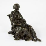 Bronze Sitting girl with pigeon, signed Moreau.