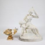 Collection of white alabaster statue of girl with cherub and alabaster drinking bowl with birds