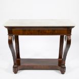Charles X console in mahogany veneer with white marble top and drawer with lock