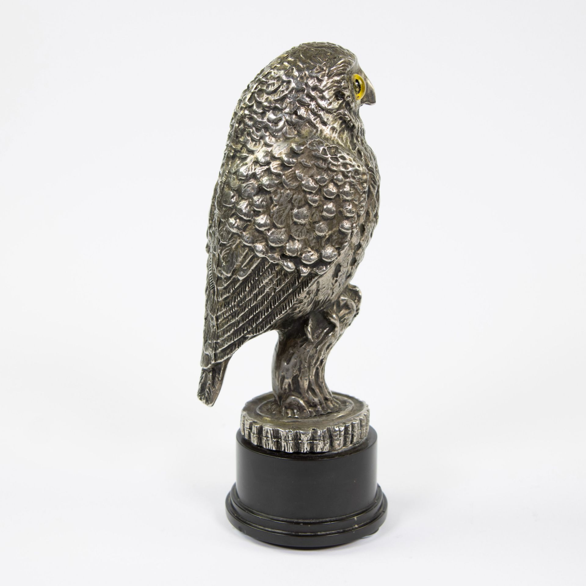 Silvered owl on black marble base and glass eyes, Germany. - Image 4 of 4