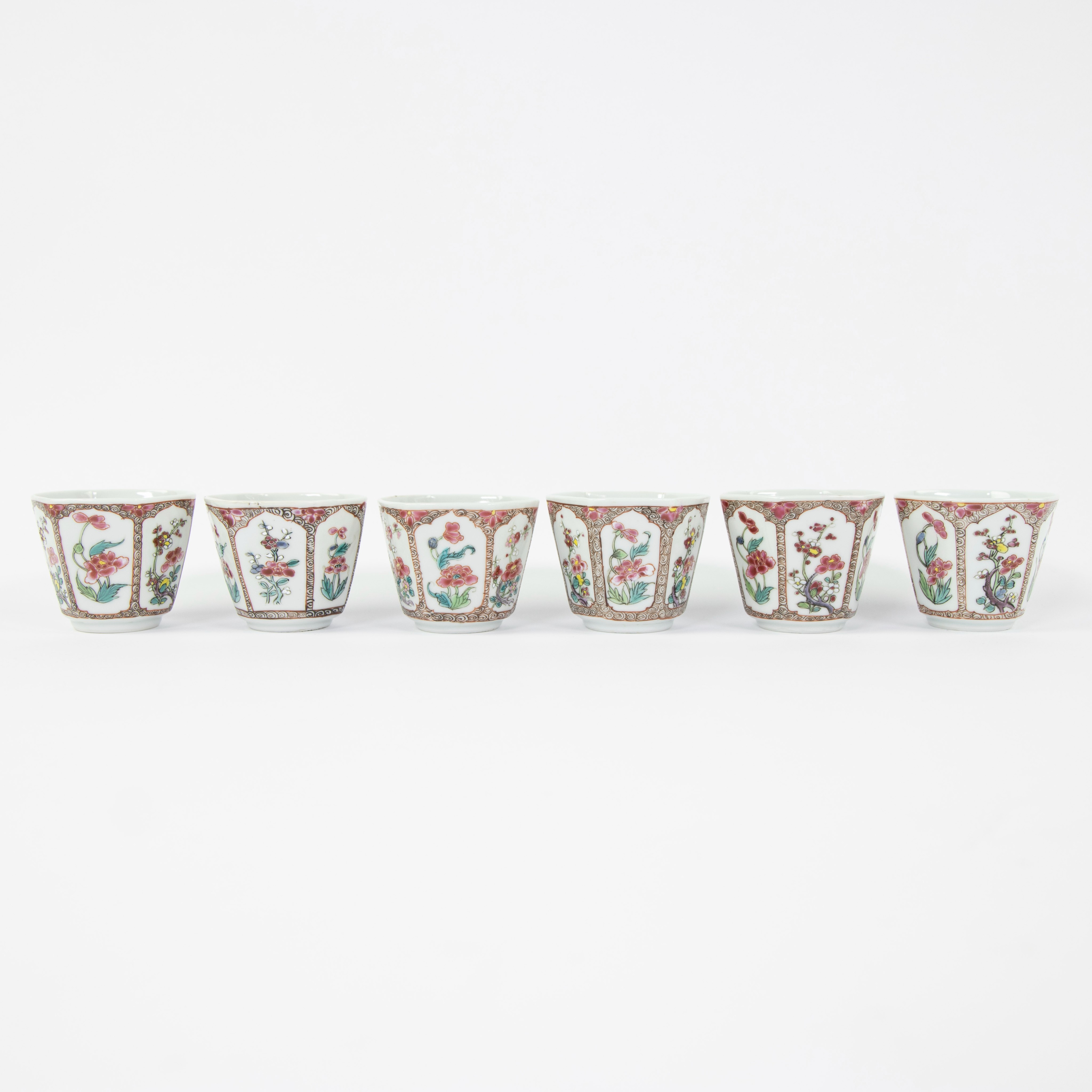 Set of six famille rose cups with their saucers and covers, decorated with flowers and blossom withi - Image 6 of 11