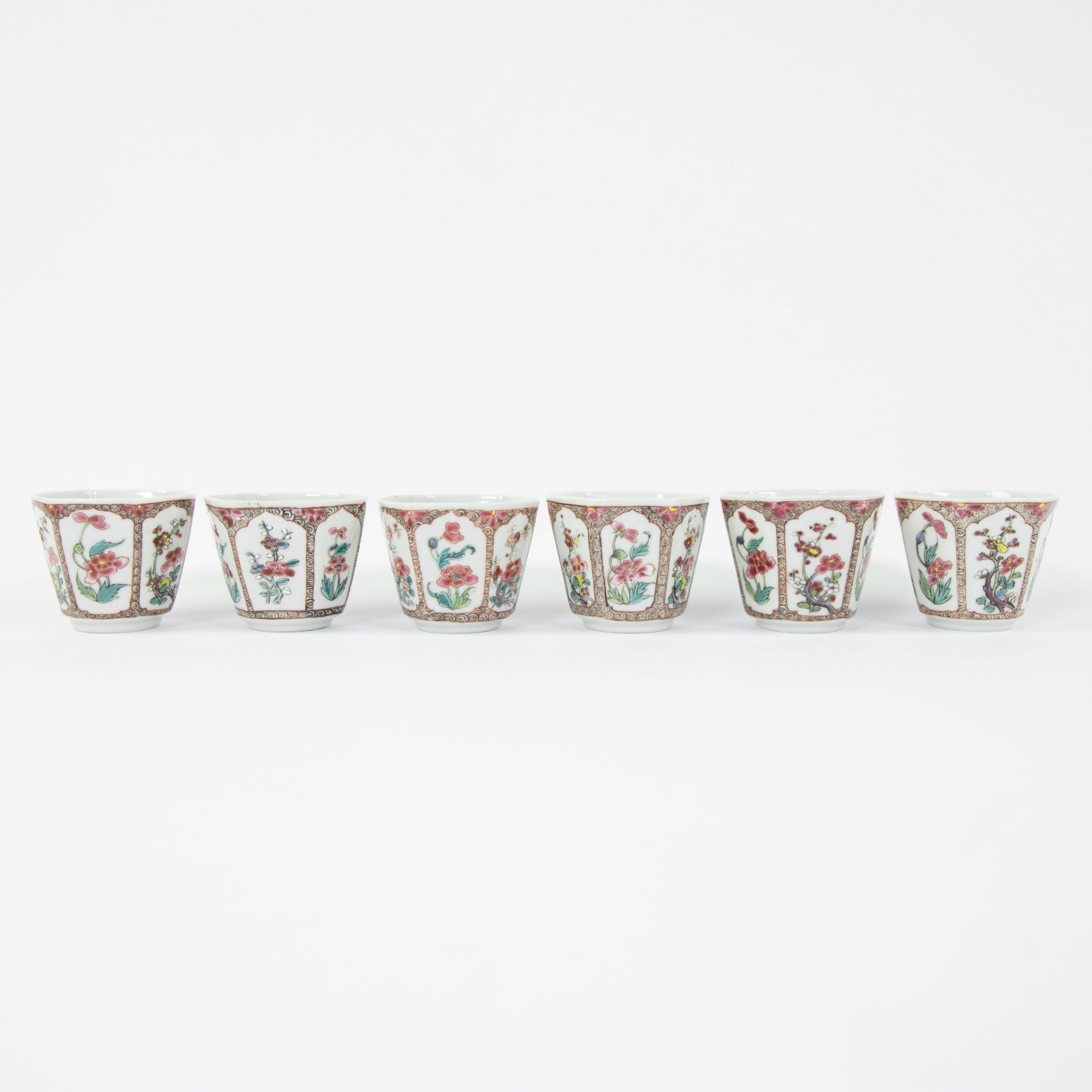 Set of six famille rose cups with their saucers and covers, decorated with flowers and blossom withi - Image 6 of 11