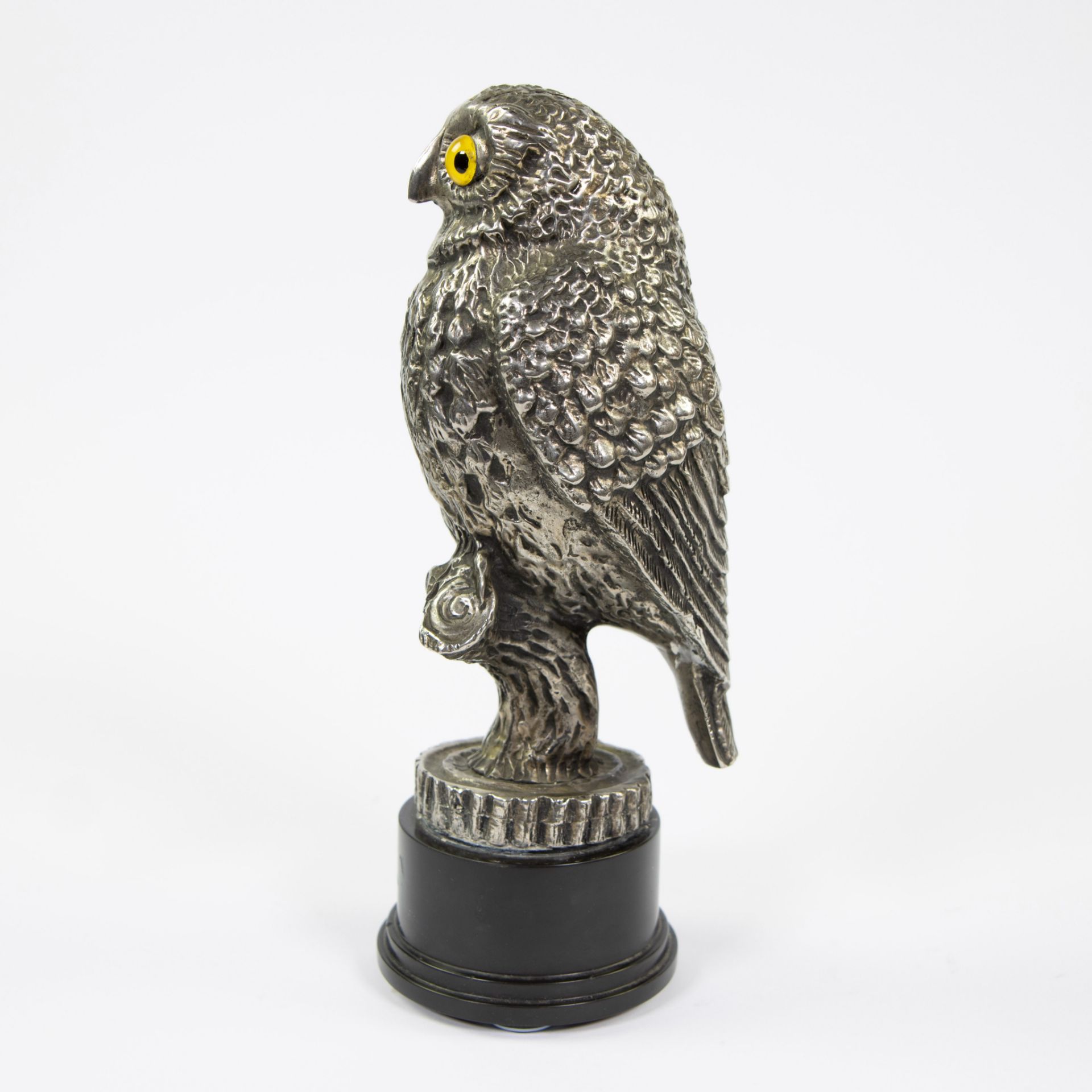 Silvered owl on black marble base and glass eyes, Germany. - Image 2 of 4