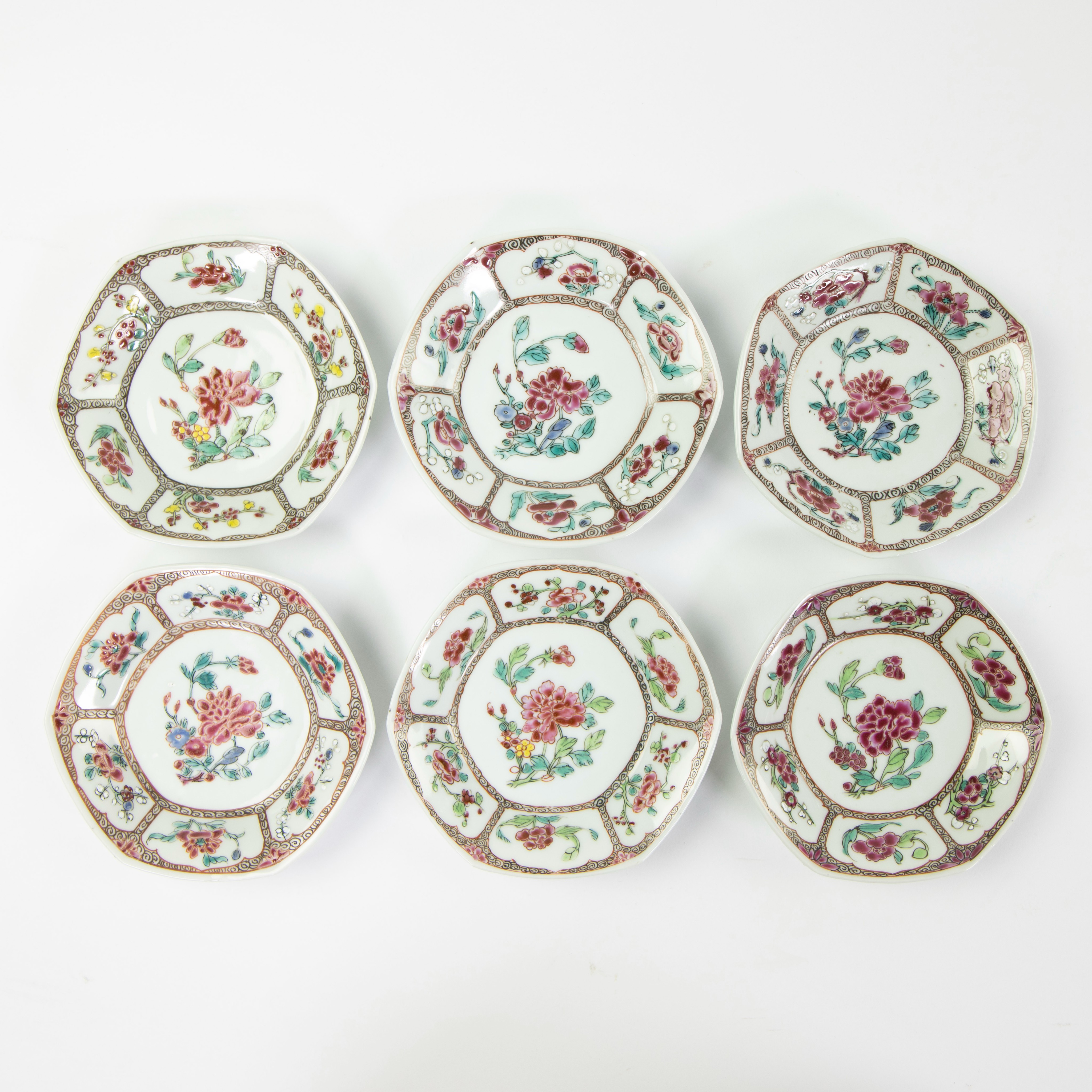 Set of six famille rose cups with their saucers and covers, decorated with flowers and blossom withi - Image 4 of 11