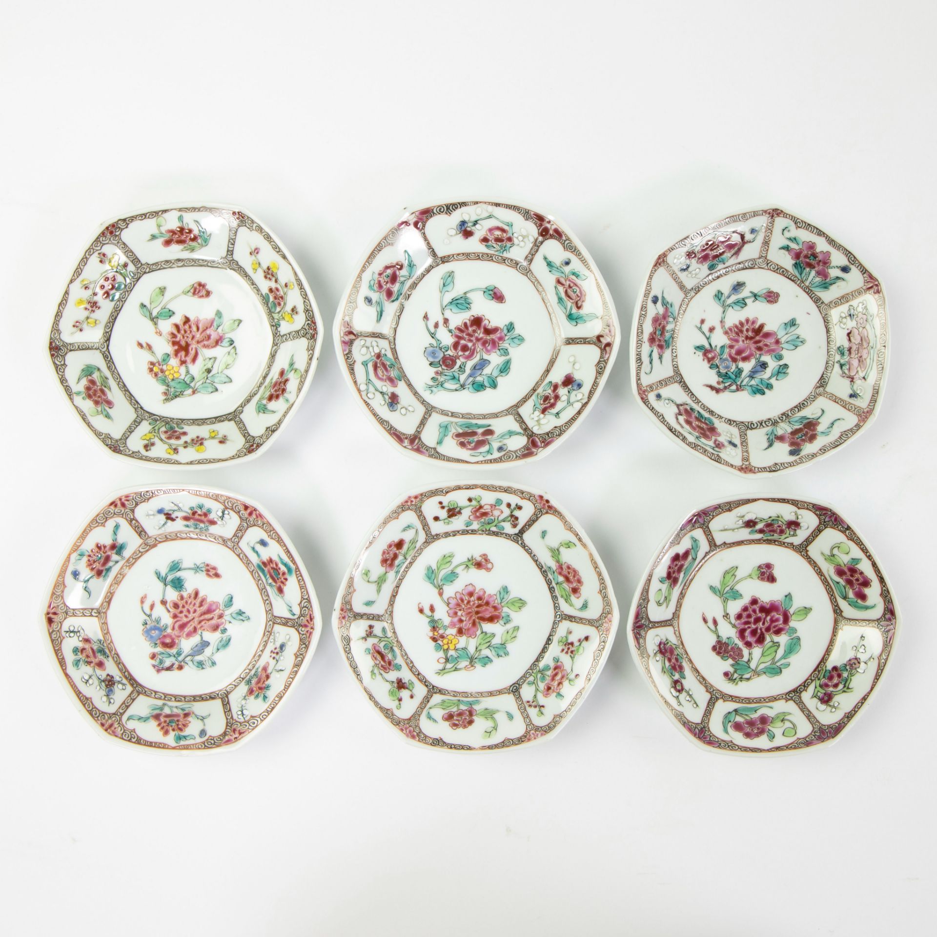 Set of six famille rose cups with their saucers and covers, decorated with flowers and blossom withi - Image 4 of 11