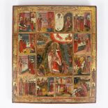 Russian Icon 19th century, the fiery ascent of the prophet Elias, surrounded by 12 scenes from his l