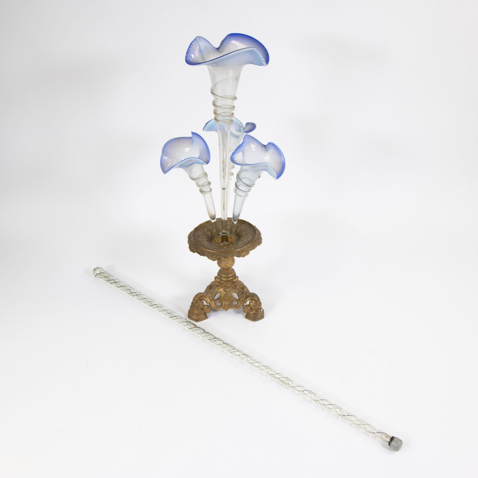 Metal base with soliflore vases in Venetian glass + glass walking stick, circa 1900