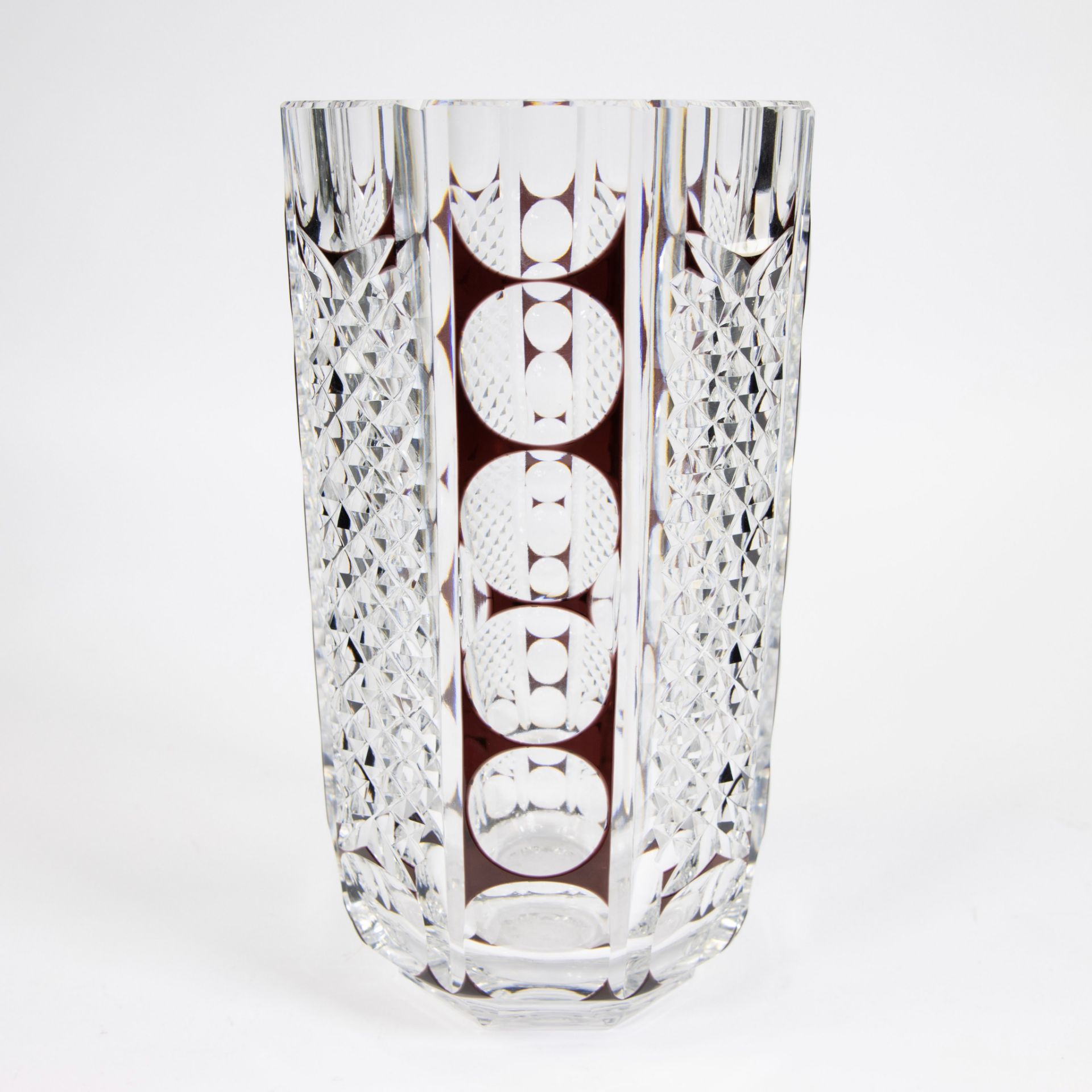 Val Saint Lambert Art Deco vase of brown and colorless crystal with a motif cut in diamonds and sphe
