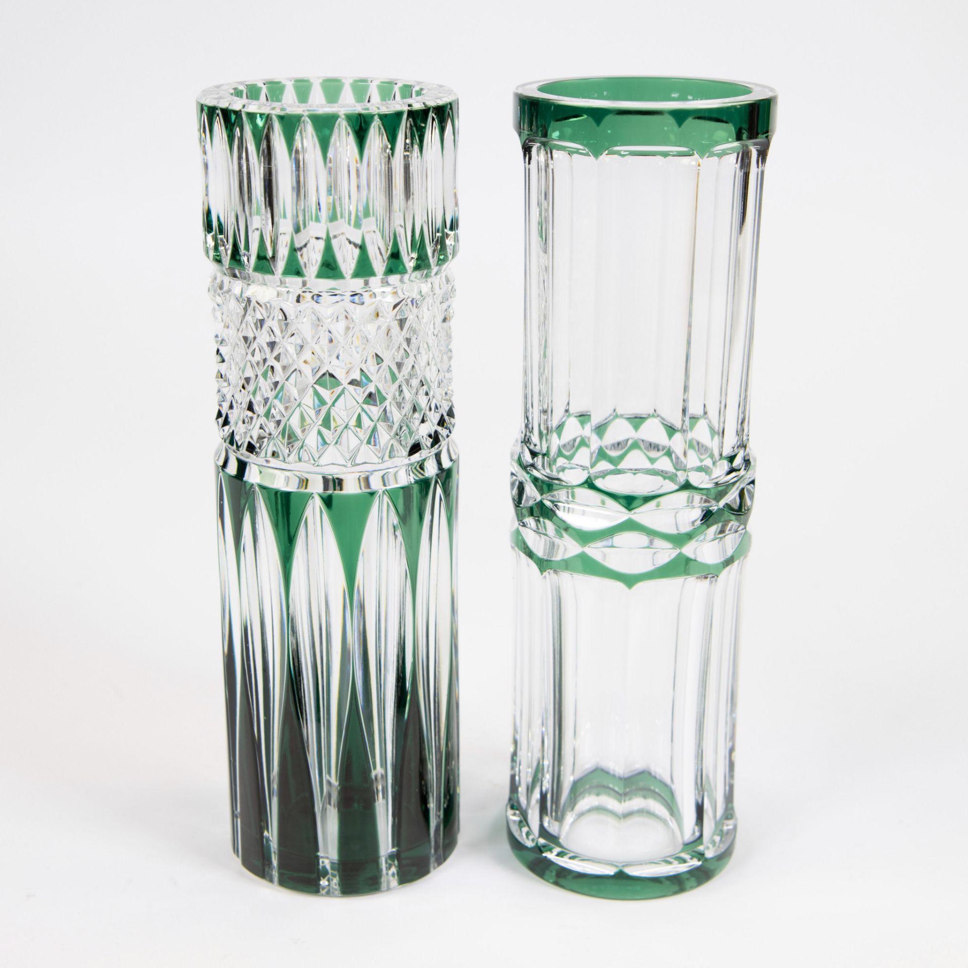 Val Saint Lambert 2 conical green cut crystal vases - Image 2 of 4