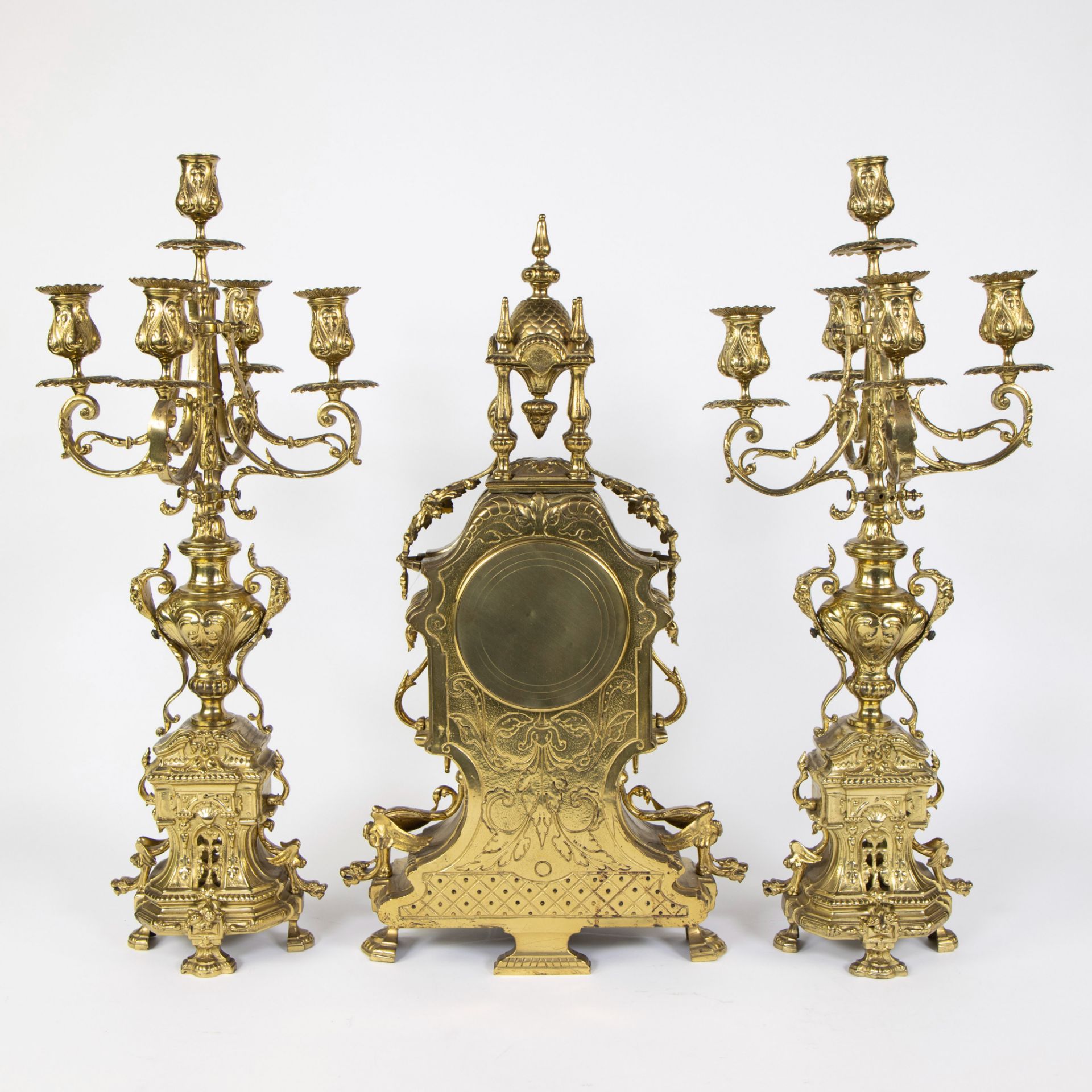 Large gold-plated clock garniture, clock with 2 candlesticks - Image 3 of 4