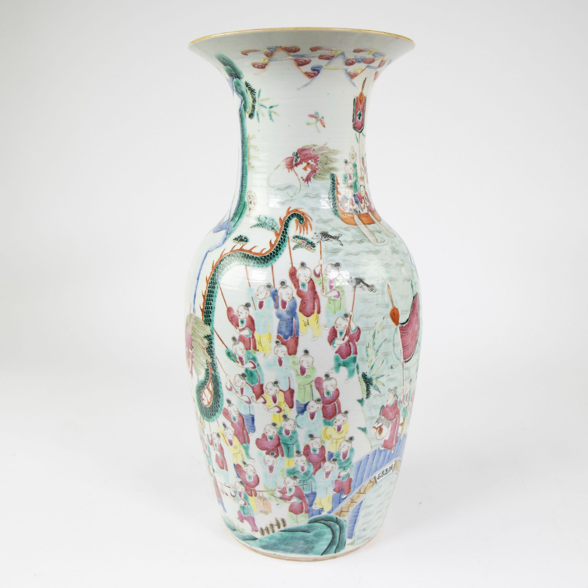 Chinese procelain baluster shaped vase decorated in famille rose enamels with 100 lucky boys theme. - Image 5 of 11
