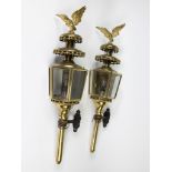 Pair of impressive metal and glass carriage lights, end 19th century, converted into wall lights.
