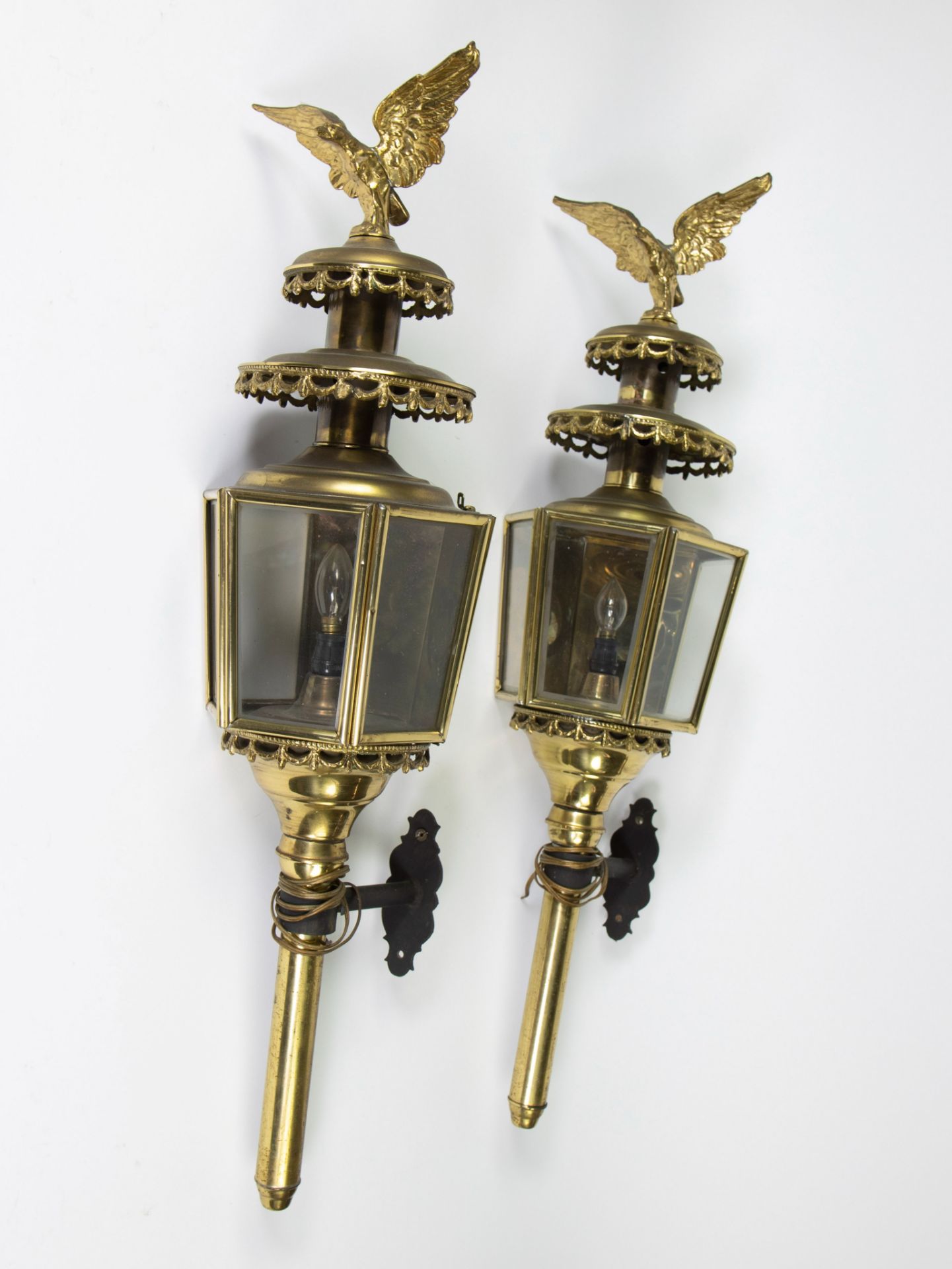 Pair of impressive metal and glass carriage lights, end 19th century, converted into wall lights.