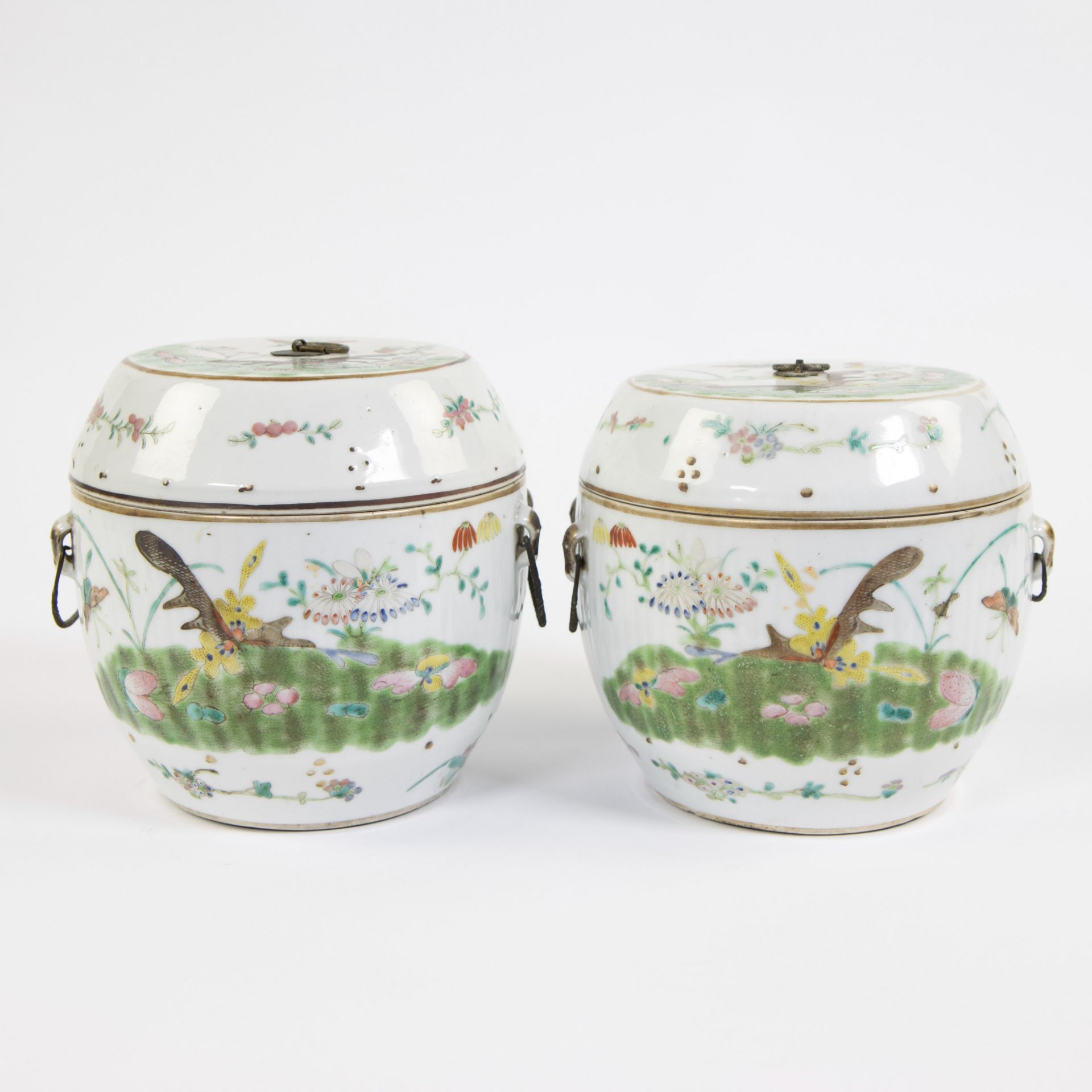 Pair of Chinese famille verte lidded jars decorated with butterflies, 18th C