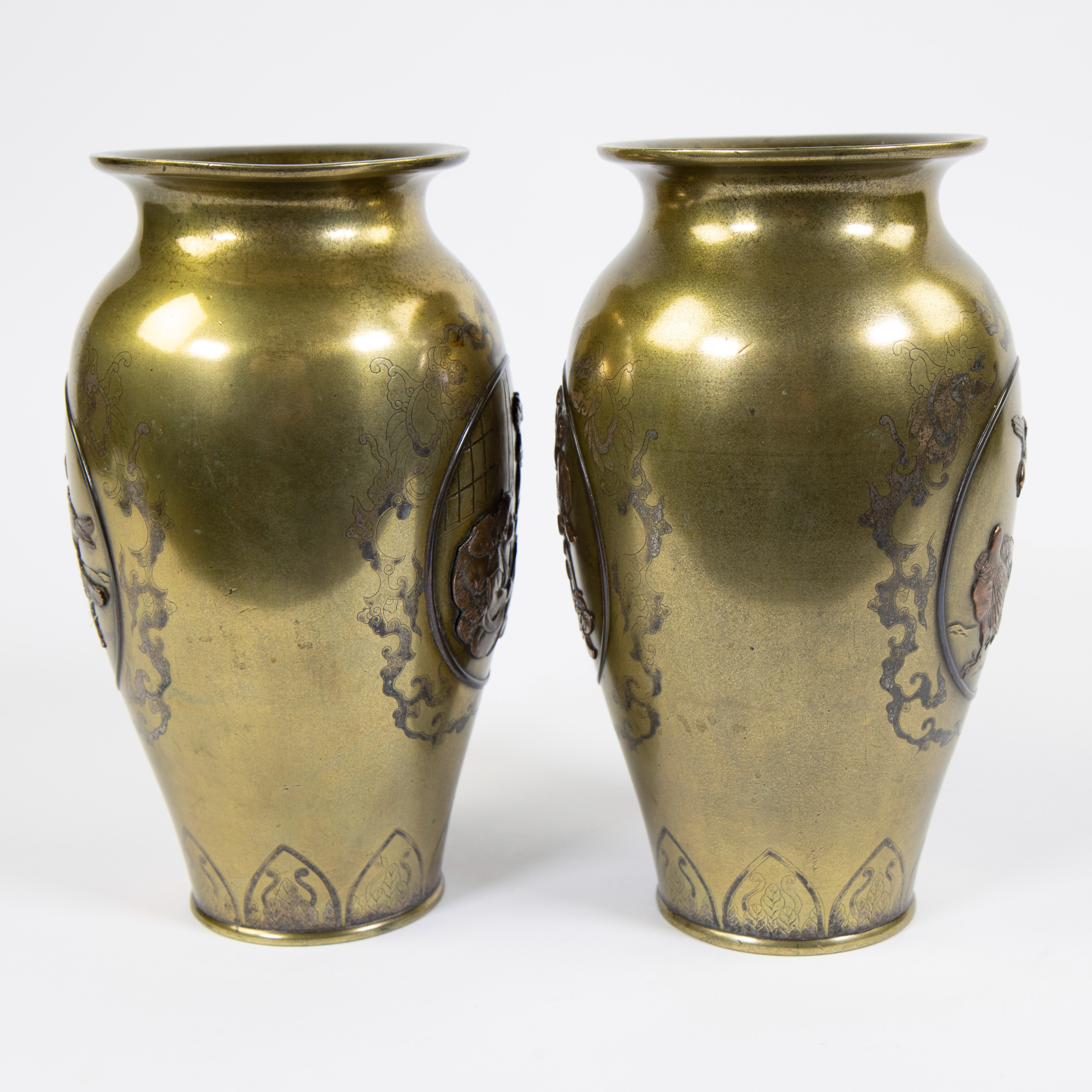 Pair of Japanese brass vases with copper decoration, ca 1900 - Image 4 of 5